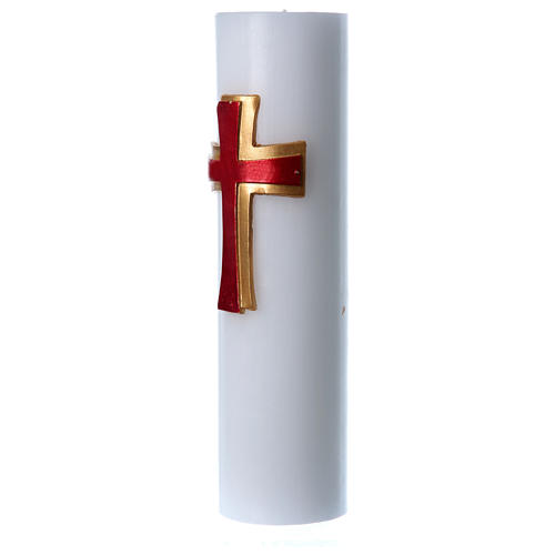 Altar candle with bas relief decoration in white wax with red cross, 8 cm diameter 2