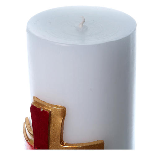 Altar candle with bas relief decoration in white wax with red cross, 8 cm diameter 3