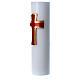 Altar candle with bas relief decoration in white wax with red cross, 8 cm diameter s2