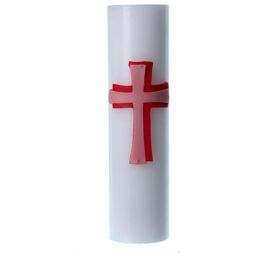 Altarkerze aus weißem Wachs, mit rotem Kreuz verziert, 8 cm Durchmesser 1