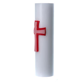 Velas e Círios: Vela de altar baixo-relevo cera branca cruz azul diâm. 8 cm