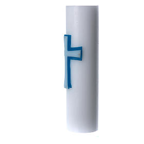 Altar candle with bas relief in white wax with cross 8 cm diameter