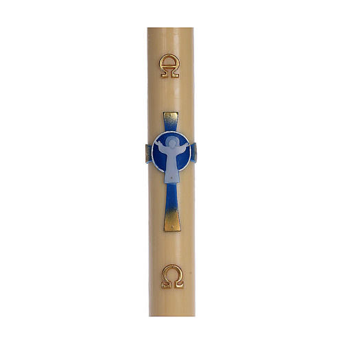 Paschal candle in beeswax with support and light blue Resurrected Christ 8x120cm 1