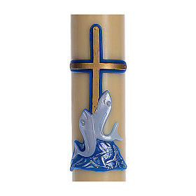 Osterkerze mit EINLAGE blauen Kreuz und Fische 8x120cm Bienenwachs