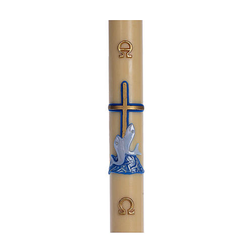 Paschal candle in beeswax with support and blue cross and fish 8x120cm 1
