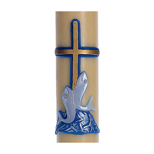 Paschal candle in beeswax with support and blue cross and fish 8x120cm 2