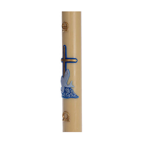 Paschal candle in beeswax with support and blue cross and fish 8x120cm 4
