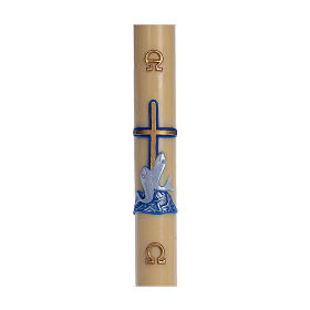 Paschal candle in beeswax with support and blue cross and fish 8x120cm