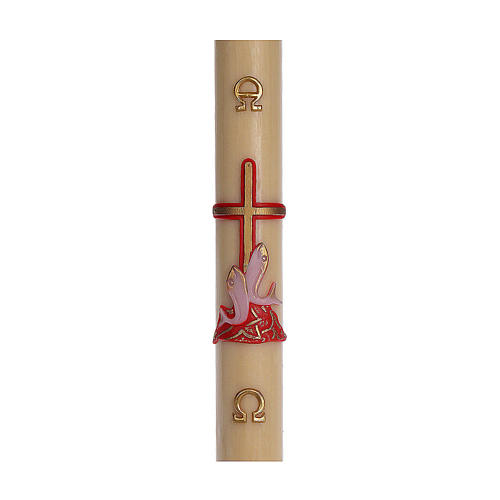 Paschal candle in beeswax with support and red cross and fish 8x120cm 1