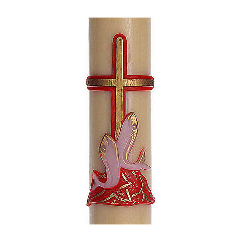 Paschal candle in beeswax with support and red cross and fish 8x120cm 3