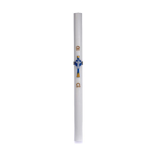 Paschal candle in white wax with support and light blue Christ 8x120cm 3