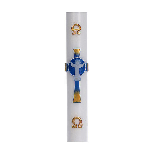 Paschal candle in white wax with support and light blue Christ 8x120cm 1
