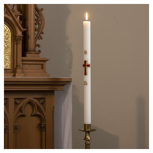 Osterkerze mit EINLAGE Reliefkreuz rot 8x120cm weisse Wachs 2