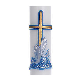 Paschal candle with inner reinforcement, blue cross and fish 8x120cm
