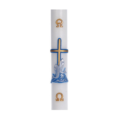 Paschal candle with inner reinforcement, blue cross and fish 8x120cm 1