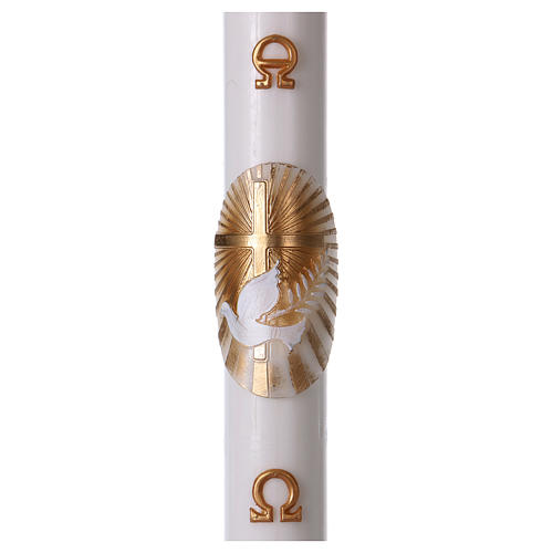 Paschal candle in white wax with Cross and Dove 8x120 cm with support 1