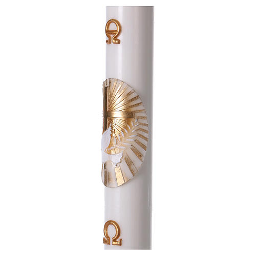 Paschal candle in white wax with Cross and Dove 8x120 cm with support 3
