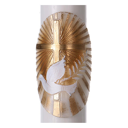 Paschal candle in white wax with Cross and Dove 8x120 cm with support 3