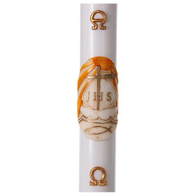 Paschal candle in white wax with Boat 8x120 cm with support