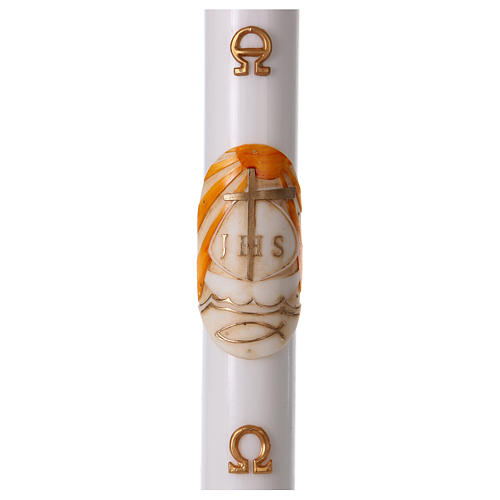 Paschal candle in white wax with Boat 8x120 cm with support 1
