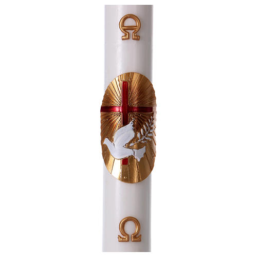 Paschal candle in white wax with red Cross and Dove 8x120 cm with support 1
