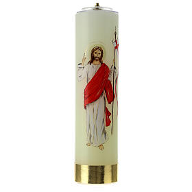 Vela de cera líquida con cartucho Jesús resuscitado 30 cm
