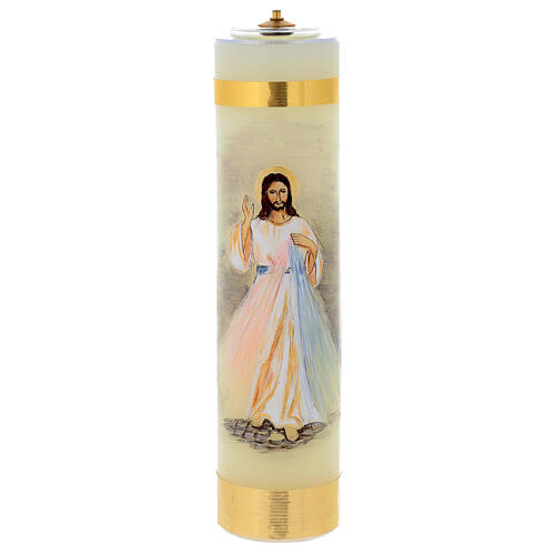 Kerze aus Wachs vom Barmherzigen Jesus mit Glaspatrone, 30 cm 1