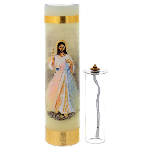 Bougie cire Christ Miséricordieux cartouche verre 30 cm 2