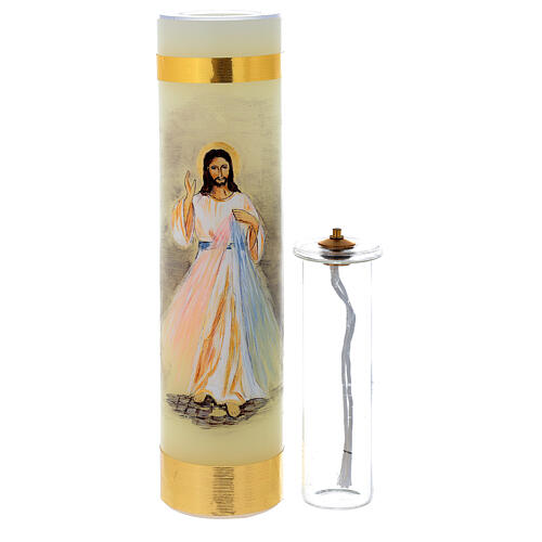 Świeca woskowa, Jezus Miłosierny, wkład ze szkła, 30 cm 2