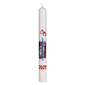 Easter candle with light blue cross and red background 80x8 cm