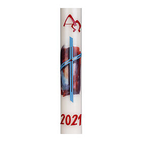 Easter candle with light blue cross and red background 80x8 cm