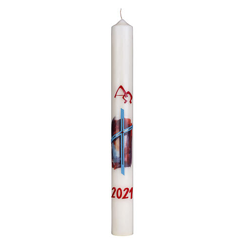 Easter candle with light blue cross and red background 80x8 cm 1