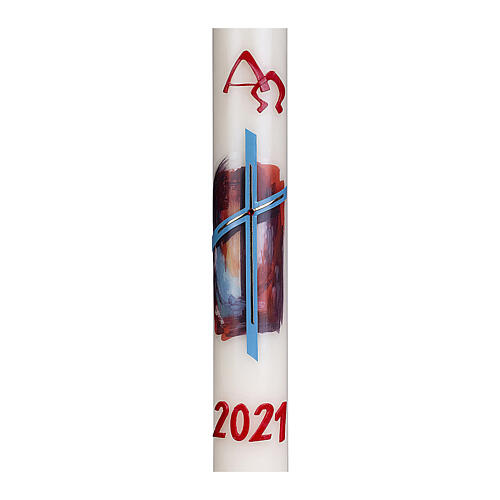 Easter candle with light blue cross and red background 80x8 cm 2