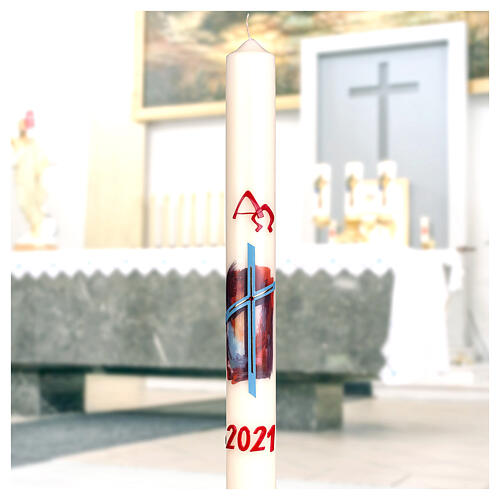 Easter candle with light blue cross and red background 80x8 cm 3