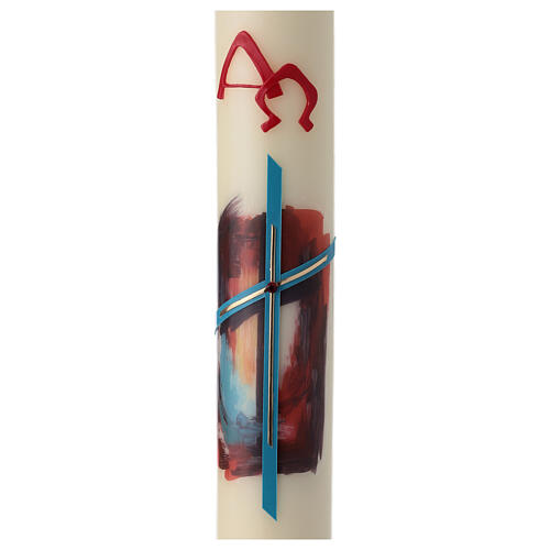 Easter candle with light blue cross and red background 80x8 cm 4
