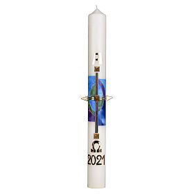 Velas e Círios: Círio pascal cruz fundo verde e azul e pregos dourados 80x8 cm parafina e cera de abelha