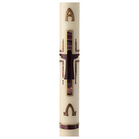 Cierge pascal Crucifixion stylisée violet or or 80x8 cm cire d'abeille
