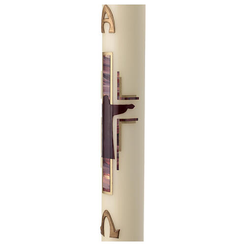 Cero pasquale Crocifissione stilizzata viola oro 80x8 cm cera api 3