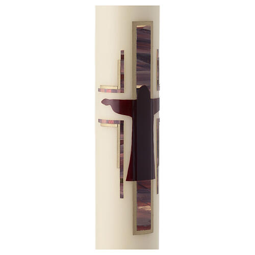 Cero pasquale Crocifissione stilizzata viola oro 80x8 cm cera api 4