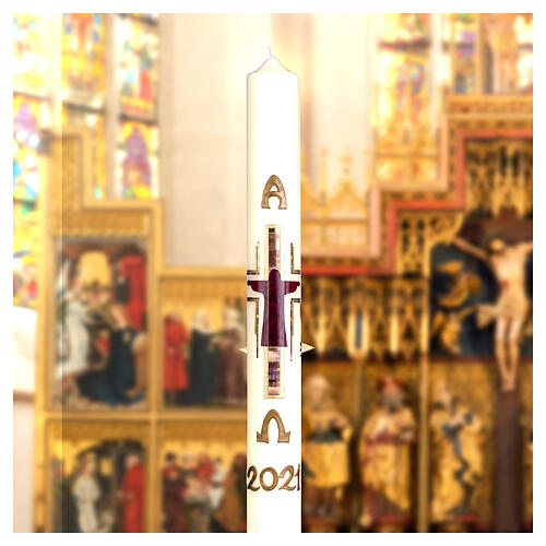 Paschal candle Crucifixion stylized purple gold 80x8 cm beeswax 3