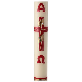 Círio pascal cruz vermelha e dourada letras Alfa e Ómega 80x8 cm parafina e cera de abelha