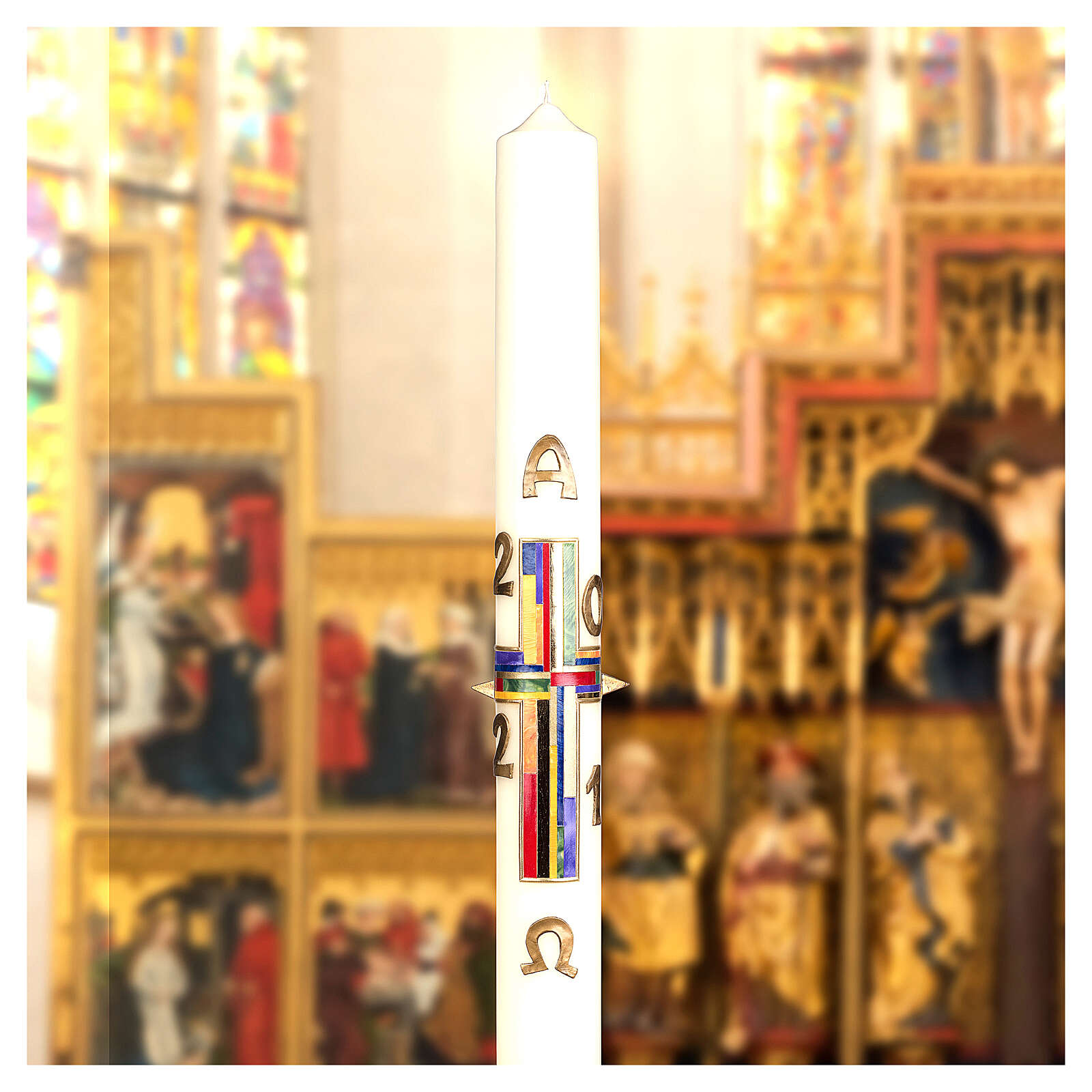 Círio pascal cruz compósita multicolorida 80x8 cm parafina e cera de abelha 3