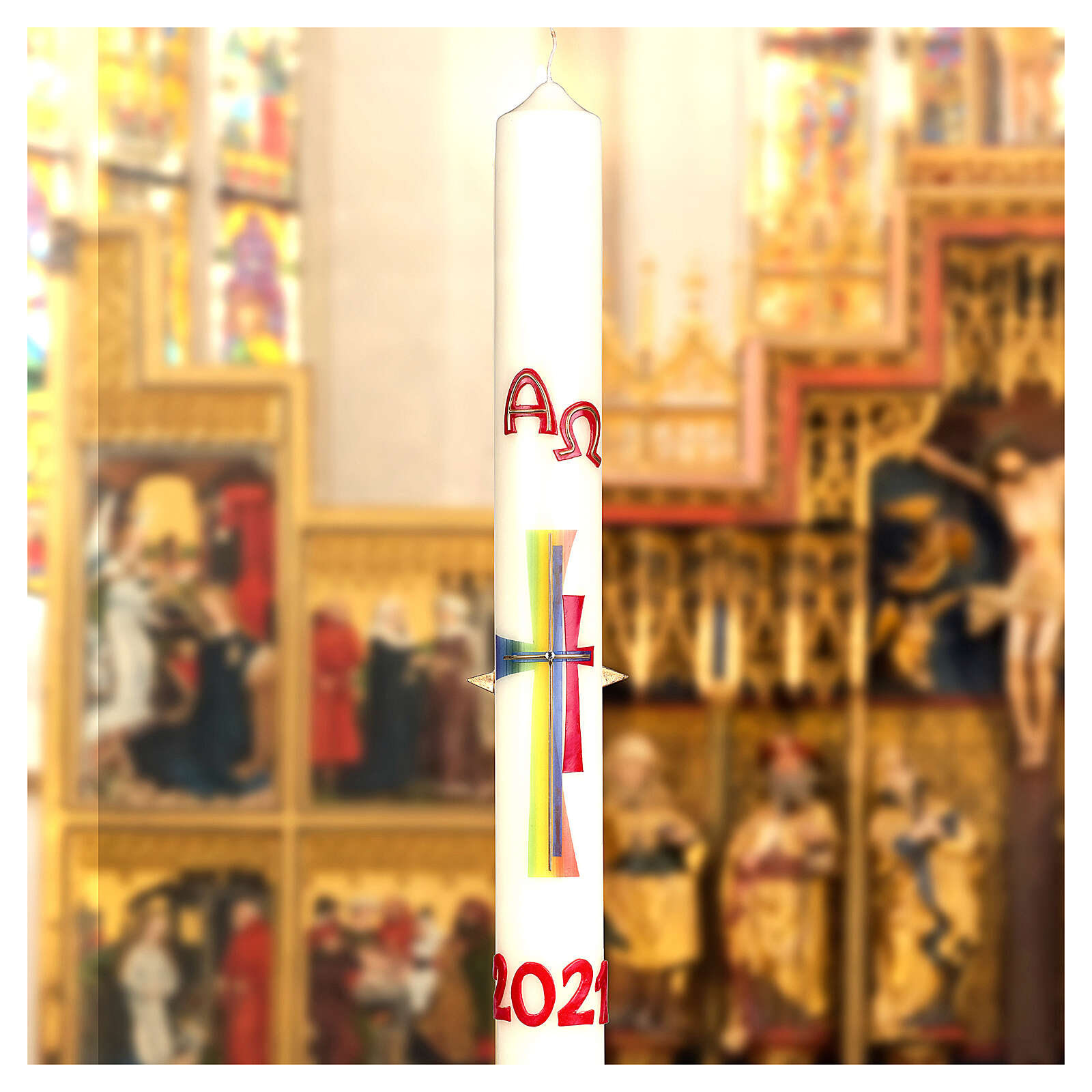 Círio pascal cruz moderna multicolorida 80x8 cm parafina e cera de abelha 3