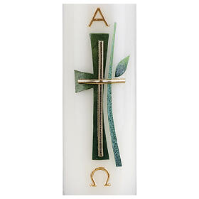 Vela cruz verde e ouro com galho e folha 16,5x5 cm