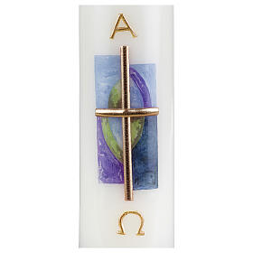 Candle with gold cross on light blue background 16.5x5 cm