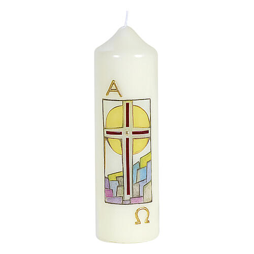 Kerze mit Kreuz und bunter Landschaft, 165x50 mm 1