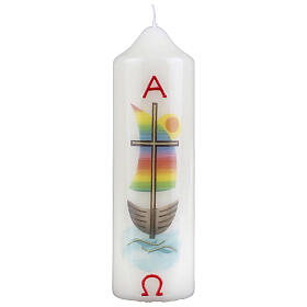 Candle with boat and rainbow cross 16.5x5 cm