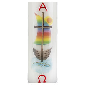 Świeca dek. łódka, tęcza i krzyż, 165x50 mm
