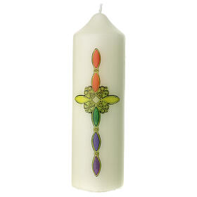 Kerze mit Kreuz und Regenbogenfarbenen Ornamenten, 165x50 mm