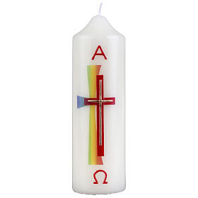 Candle with double rainbow cross 16.5x5 cm